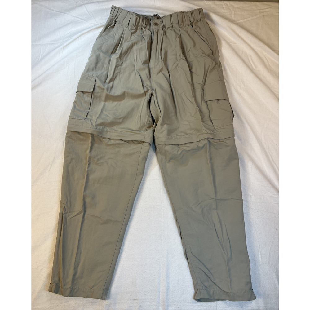 Simms Men's Nylon Khaki Cargo Relaxed‎ Pants Sz XL Full Zip Drawstrings Wide Leg